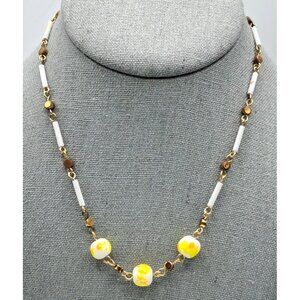 Vintage Glass Beaded Necklace Lampwork Yellow Orange White Costume Jewelry